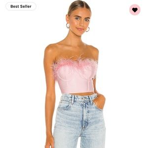 Corset bustier top
Lightly padded cups
back zipper closure
Feather trim